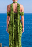 Sukienka Maxi w kwiaty w kolorze Mermaid Green Velvet Hatter Neck i marszczkami