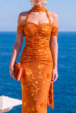 Sukienka Maxi w kwiaty w kolorze Mermaid Green Velvet Hatter Neck i marszczkami