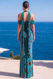 Sukienka Maxi w kwiaty w kolorze Mermaid Green Velvet Hatter Neck i marszczkami