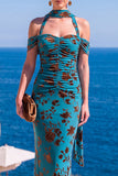 Sukienka Maxi w kwiaty w kolorze Mermaid Green Velvet Hatter Neck i marszczkami