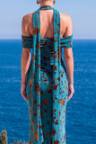 Sukienka Maxi w kwiaty w kolorze Mermaid Green Velvet Hatter Neck i marszczkami