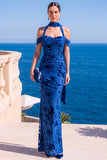 Sukienka Maxi w kwiaty w kolorze Mermaid Green Velvet Hatter Neck i marszczkami