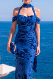 Sukienka Maxi w kwiaty w kolorze Mermaid Green Velvet Hatter Neck i marszczkami