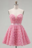 Sweetheart Pink A-Line 3D kwiecista krótka sukienka na powrót do domu z koronowanymi plecami