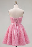 Sweetheart Pink A-Line 3D kwiecista krótka sukienka na powrót do domu z koronowanymi plecami