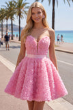 Sweetheart Pink A-Line 3D kwiecista krótka sukienka na powrót do domu z koronowanymi plecami