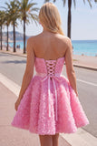 Sweetheart Pink A-Line 3D kwiecista krótka sukienka na powrót do domu z koronowanymi plecami