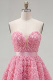 Sweetheart Pink A-Line 3D kwiecista krótka sukienka na powrót do domu z koronowanymi plecami