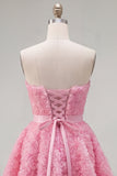 Sweetheart Pink A-Line 3D kwiecista krótka sukienka na powrót do domu z koronowanymi plecami