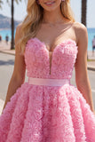 Sweetheart Pink A-Line 3D kwiecista krótka sukienka na powrót do domu z koronowanymi plecami