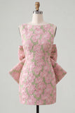 Różowo-zielona żakardowa sukienka z kwiatowym dekoltem Bateau z dużą kokardą