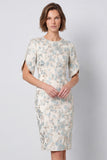 Bodycon jasnoniebieski w kwiaty z okrągłym dekoltem midi Work Dress z krótkimi rękawami