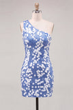 Bodycon na jedno ramię z niebieskimi cekinami – krótka sukienka na homecoming