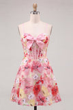 Różowy kwiatowy gorset, A-line Spaghetti Strap Spin Back Dress Dress z kokardą