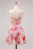 Różowy kwiatowy gorset, A-line Spaghetti Strap Spin Back Dress Dress z kokardą