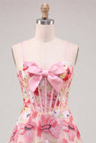 Różowy kwiatowy gorset, A-line Spaghetti Strap Spin Back Dress Dress z kokardą