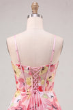 Różowy kwiatowy gorset, A-line Spaghetti Strap Spin Back Dress Dress z kokardą