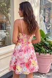 Różowy kwiatowy gorset, A-line Spaghetti Strap Spin Back Dress Dress z kokardą