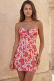 Sweetheart Red Gorset Bodycon, kwiecista marszczana krótka sukienka na homecoming