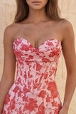 Sweetheart Red Gorset Bodycon, kwiecista marszczana krótka sukienka na homecoming