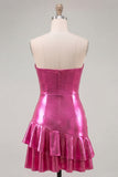 Sweetheart Fuchsia A-line metaliczna, marszczowana, poziomowa, krótka sukienka na powitanie