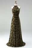 Oliwkowa sukienka z dekoltem na rękawce, aksamitna w kształcie kroju A – długa kwiatowa sukienka formalna