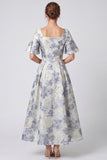 A-line Dusty Blue Jacquard Square Neck Kwiecista sukienka maxi z krótkim rękawem