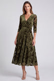 A-line Olive Velvet Velvet Midi Floral Dress Dress i paskiem
