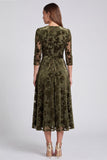A-line Olive Velvet Velvet Midi Floral Dress Dress i paskiem