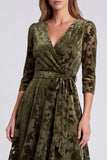 A-line Olive Velvet Velvet Midi Floral Dress Dress i paskiem