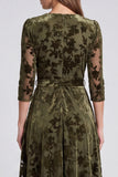 A-line Olive Velvet Velvet Midi Floral Dress Dress i paskiem