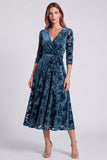 A-line Olive Velvet Velvet Midi Floral Dress Dress i paskiem