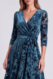 A-line Olive Velvet Velvet Midi Floral Dress Dress i paskiem