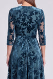 A-line Olive Velvet Velvet Midi Floral Dress Dress i paskiem