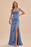 Slate Blue Satin Maranded Mermaid Spaghetti Maxi Dress z rozcięciem