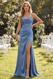Slate Blue Satin Maranded Mermaid Spaghetti Maxi Dress z rozcięciem