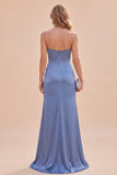 Slate Blue Satin Maranded Mermaid Spaghetti Maxi Dress z rozcięciem
