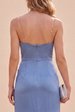 Slate Blue Satin Maranded Mermaid Spaghetti Maxi Dress z rozcięciem