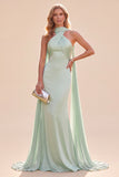 Sukienka maxi z szyjem i szalikiem w kolorze Mermaid Mint Green Satin Hatter Neck
