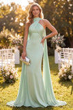 Sukienka maxi z szyjem i szalikiem w kolorze Mermaid Mint Green Satin Hatter Neck