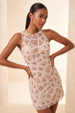 Blush Bodycon z okrągłym kołnierzem, krótka sukienka na bal i koraliki