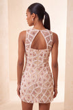 Blush Bodycon z okrągłym kołnierzem, krótka sukienka na bal i koraliki