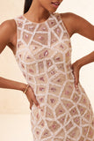 Blush Bodycon z okrągłym kołnierzem, krótka sukienka na bal i koraliki