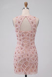 Blush Bodycon z okrągłym kołnierzem, krótka sukienka na bal i koraliki
