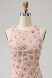 Blush Bodycon z okrągłym kołnierzem, krótka sukienka na bal i koraliki