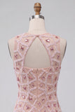 Blush Bodycon z okrągłym kołnierzem, krótka sukienka na bal i koraliki