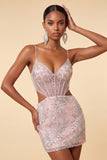 Blush, bodycon gorset z wycięciem na ramiączka spaghetti, cekiny i kwiatowa sukienka na powrót do szkoły