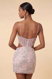 Blush, bodycon gorset z wycięciem na ramiączka spaghetti, cekiny i kwiatowa sukienka na powrót do szkoły