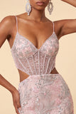 Blush, bodycon gorset z wycięciem na ramiączka spaghetti, cekiny i kwiatowa sukienka na powrót do szkoły