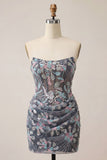 Szara, obcisła gorset bez ramiączek, cekiny z marszczkami, kwiatowa sukienka na powrót do domu
